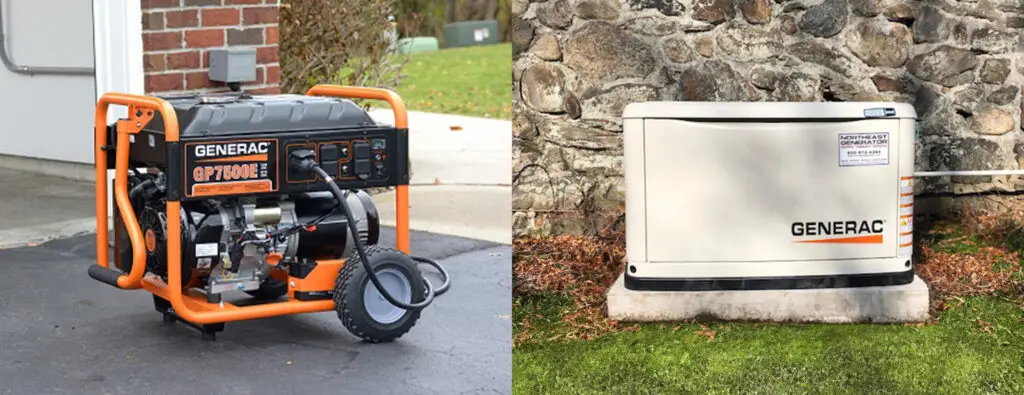 Portable Generac generator beside a home standby generator