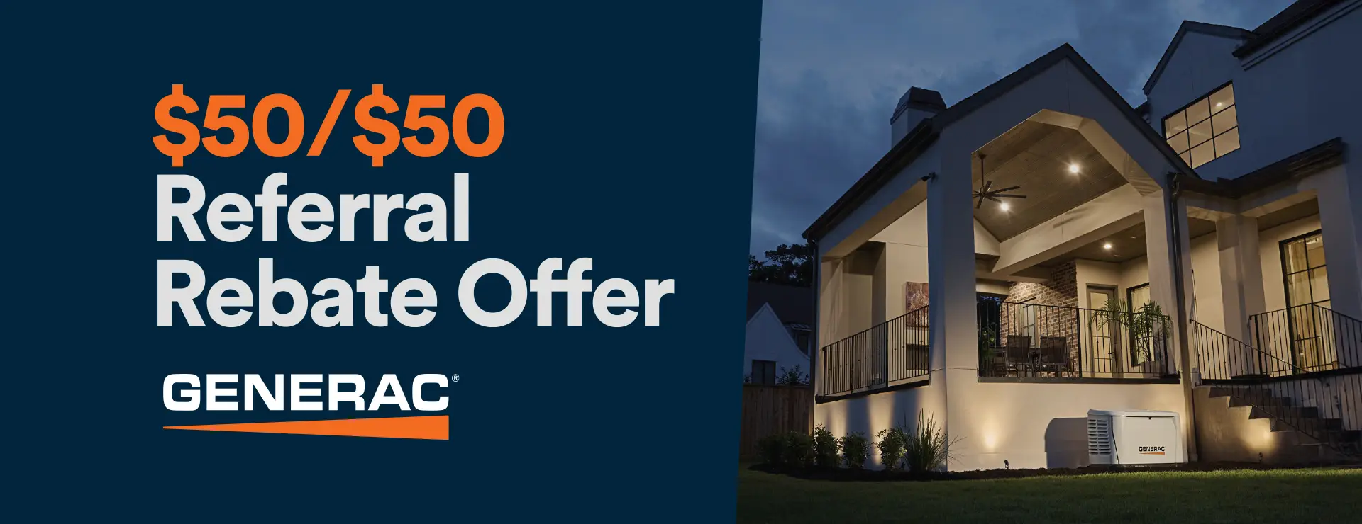 Generac $50/$50 referral rebate offer banner