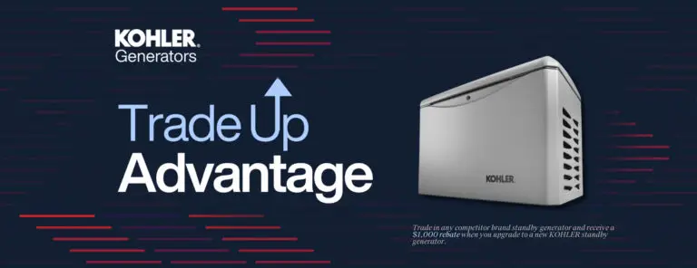 Kohler Trade Up Advantage program banner with a Kohler home standby generator